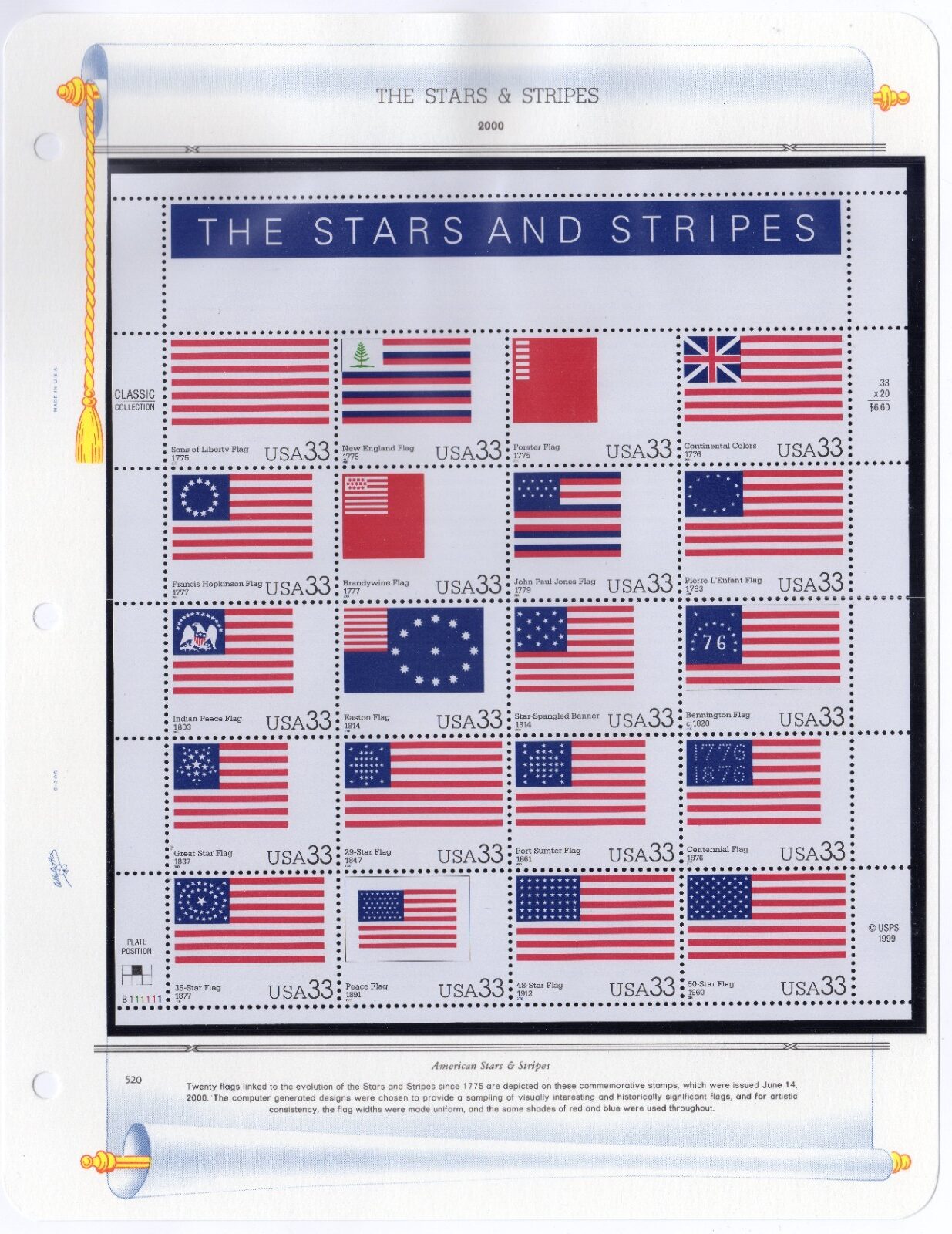 Scott #3403 The Stars And Stripes Sheet of 20 Flag Stamps - MNH White Ace Page