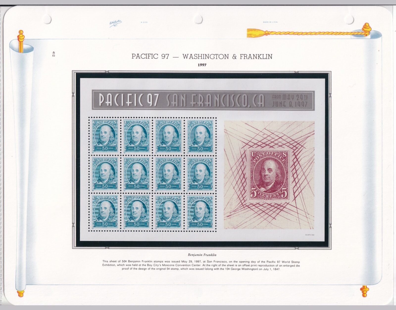 Scott #3139-3140 Franklin & Washington Sheet of 12 Stamps - MNH White Ace Pages