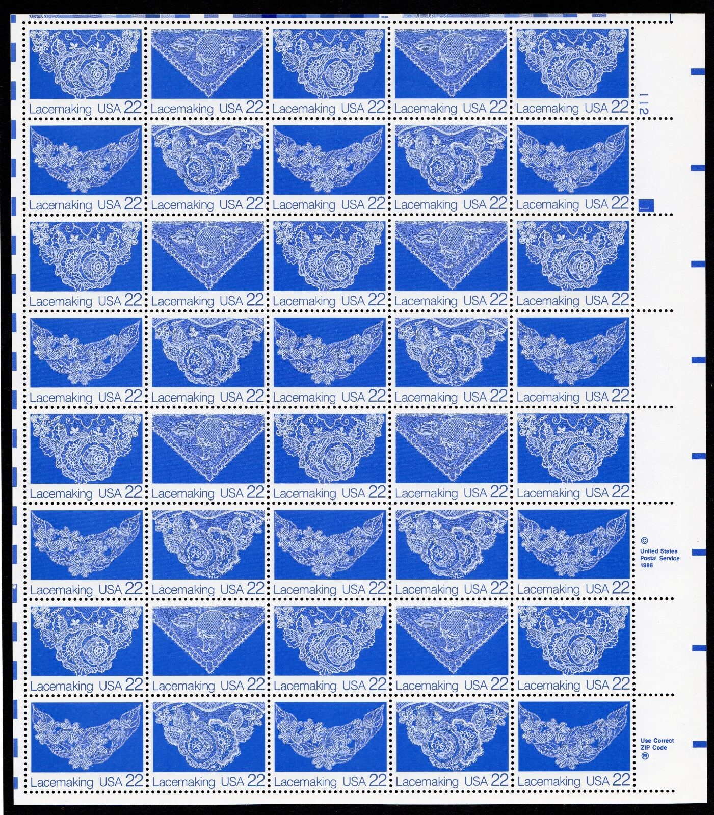 Scott #2354a (2351-54) Lacemaking Sheet of 40 Stamps - MNH P#112-1 UR