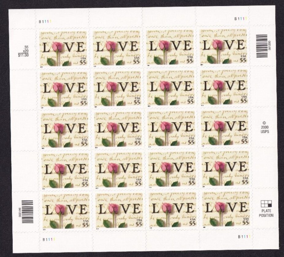 Scott #3499 Abigail Adams Love Letter Rose Sheet of 20 55¢ Stamps - MNH P#B1111