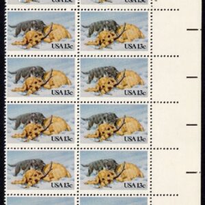 Scott #2025 Christmas Kitten & Puppy Snow Plate Block of 20 Stamps MNH P#1211 LR