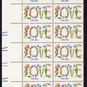 Scott #1951 Love Flowers Plate Block of 20 Stamps - MNH LL