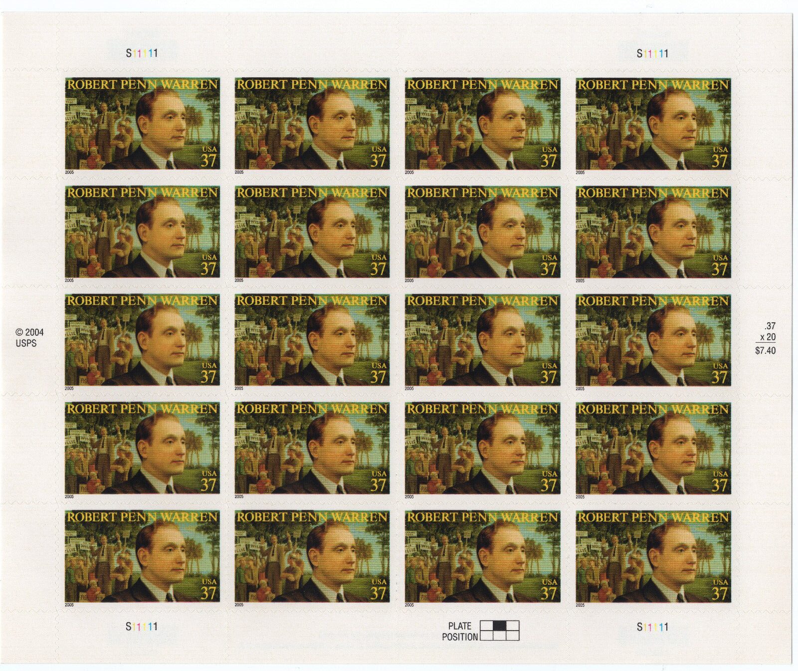 Scott #3904 Robert Penn Warren (Rhode Island) Sheet of 20 Stamps - MNH