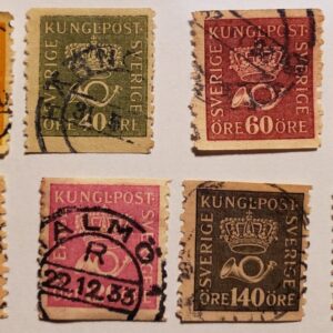 Stamp Europe Sweden 1920-34 set of 8 Crown and Post Horn