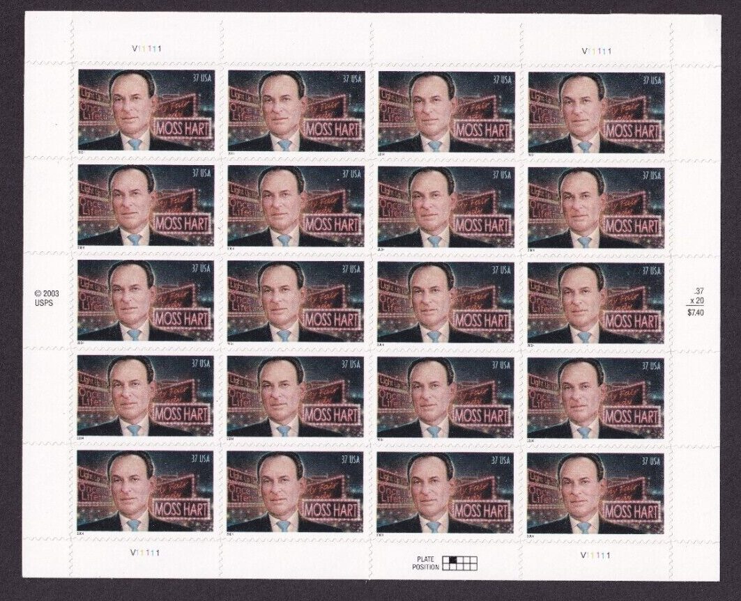 Scott #3882 Moss Hart (Broadway, Theatre) Full Sheet of 20 Stamps - MNH
