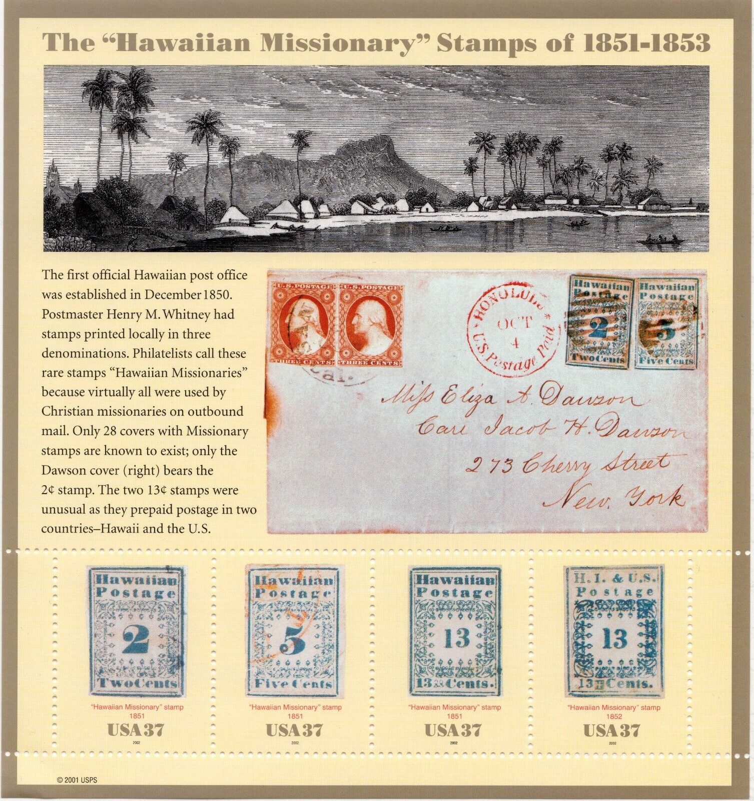 Scottt #3694 Hawaiian Missionary Sheet of 4 Stamps - MNH