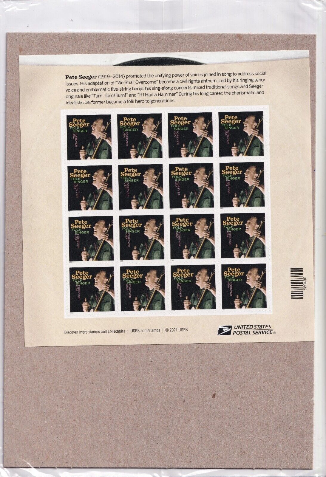 Scott #5708 Pete Seeger Sheet of 16 Forever Stamps - Sealed