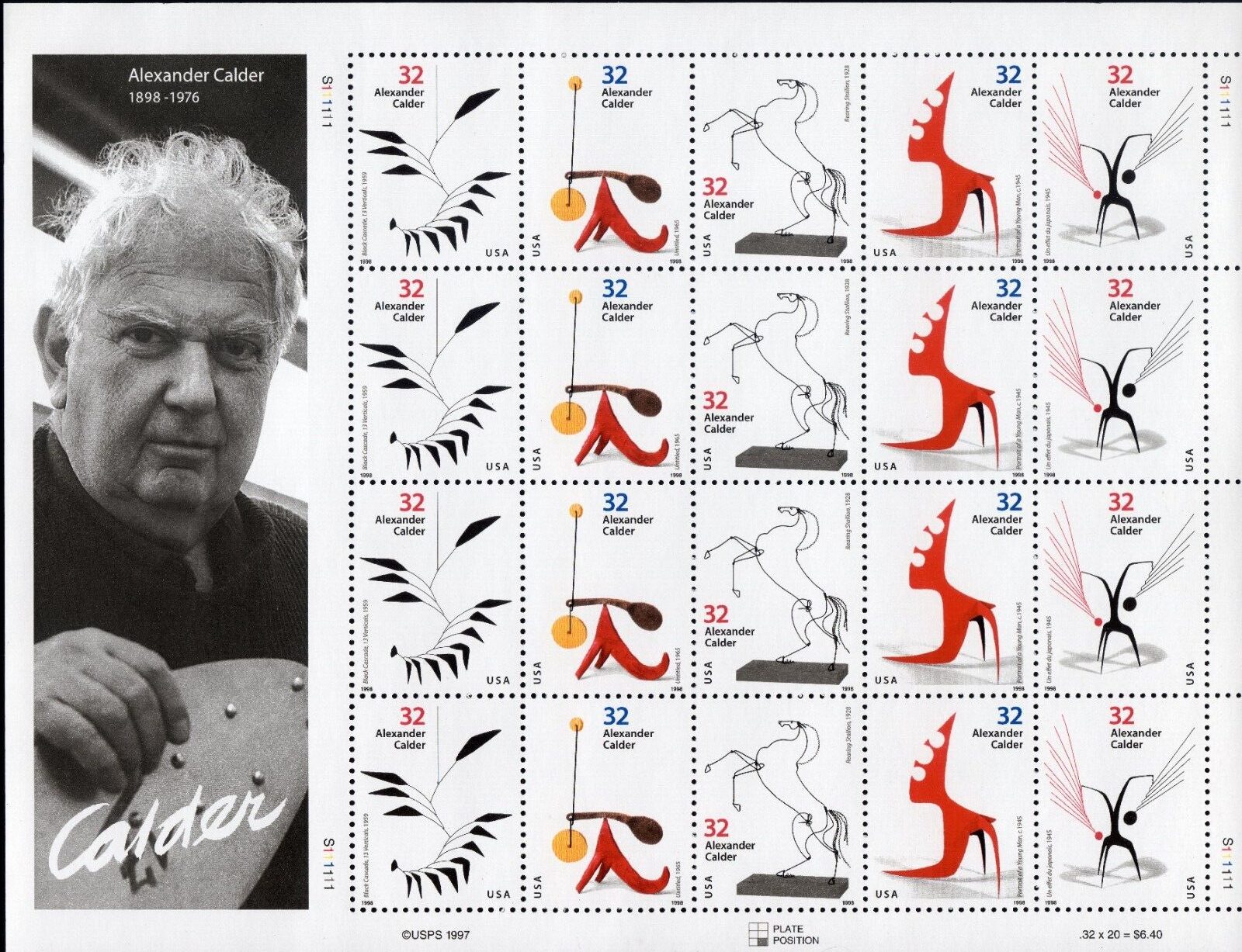 Scott #3202a (3198-02) Alexander Calder Full Sheet of 20 Stamps - MNH