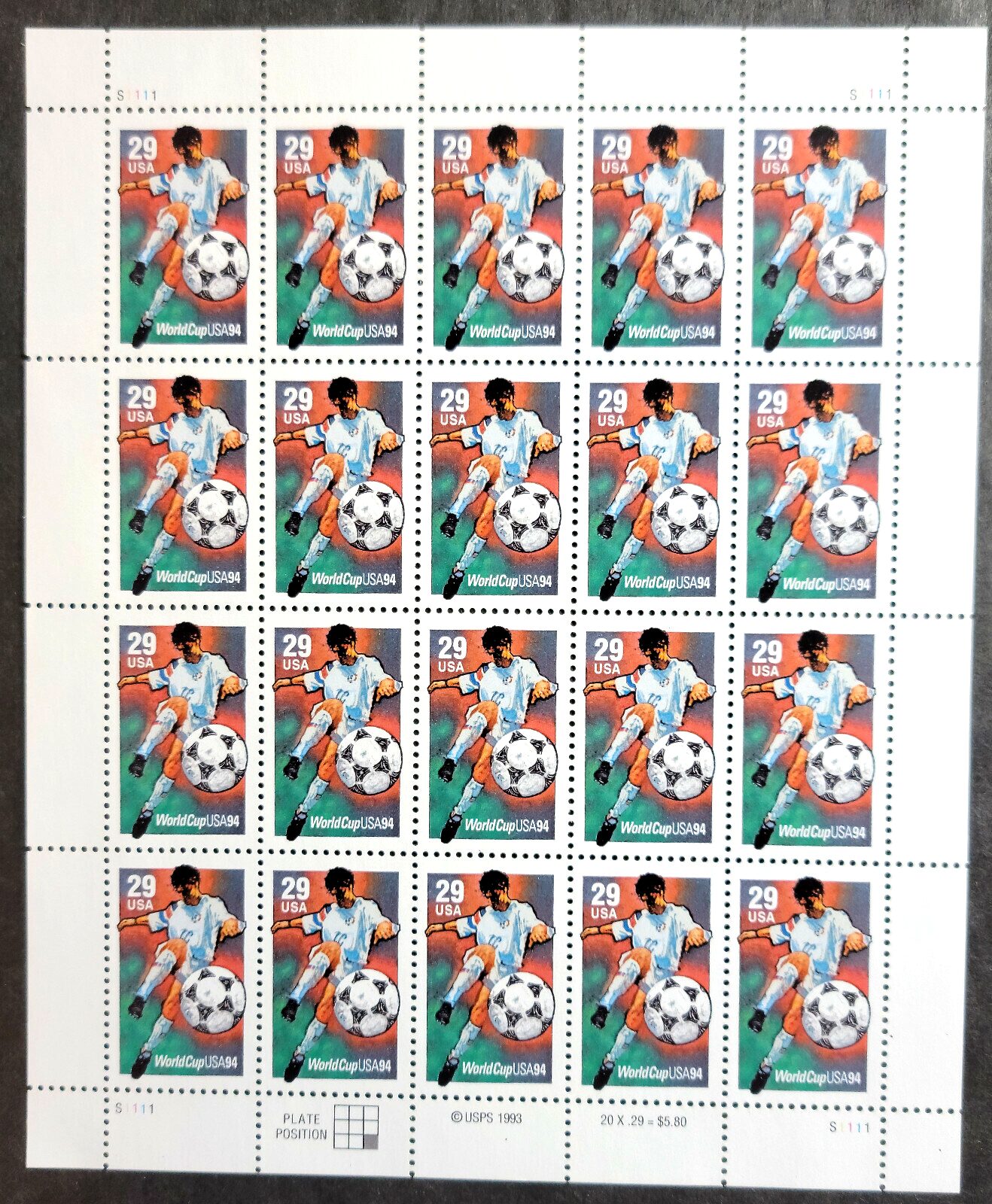 Scott #2834 World Cup Soccer 29c Sheet of 20 Stamps - MNH