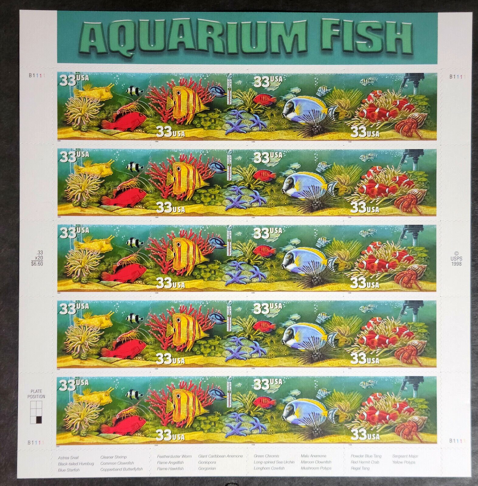 Scott #3320b (3317-3320) Aquarium Fish (Nemo) Sheet of 20 Stamps - MNH P#B1111