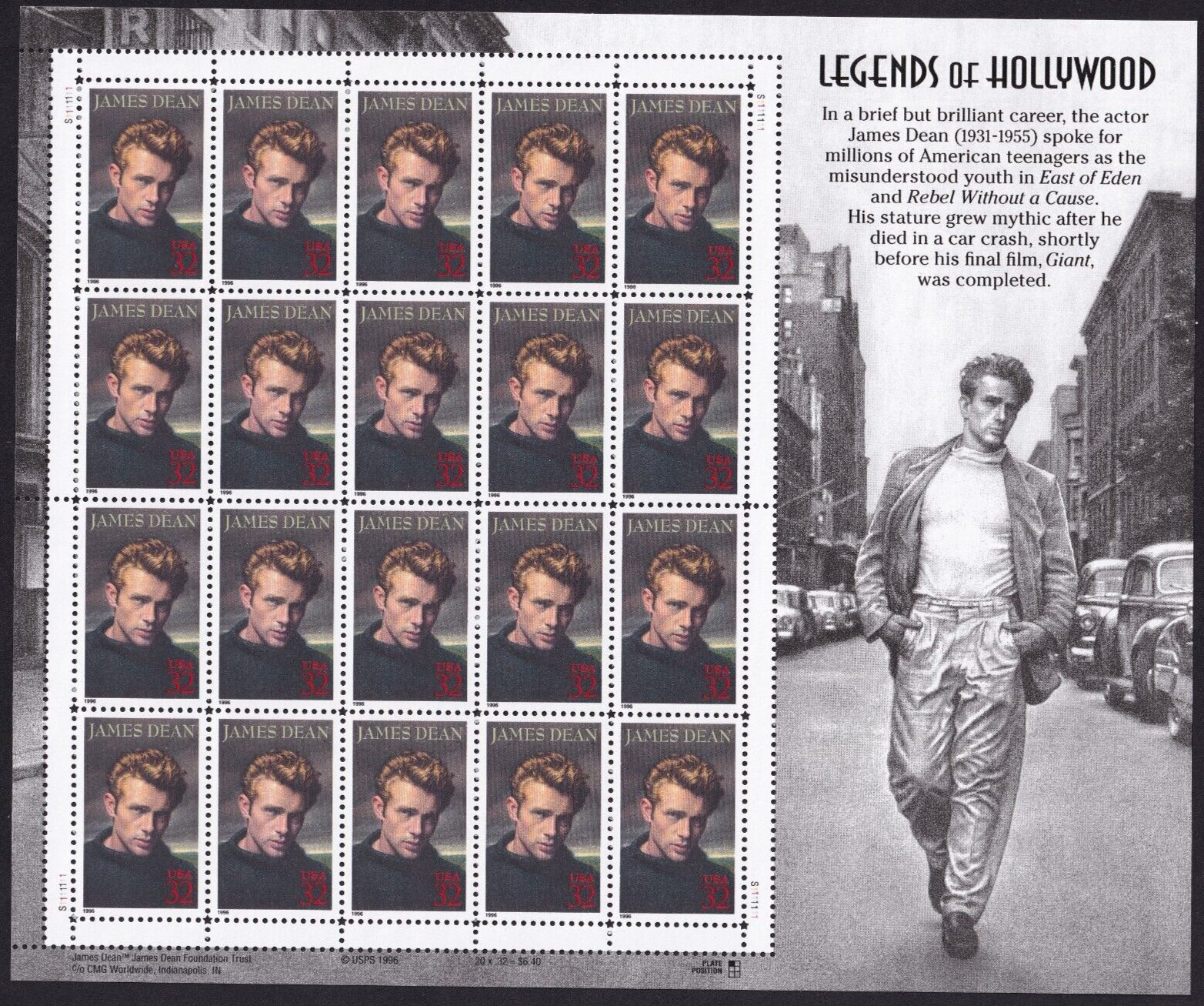 Scott #3082 JAMES DEAN Sheet of 20 Stamps - MNH