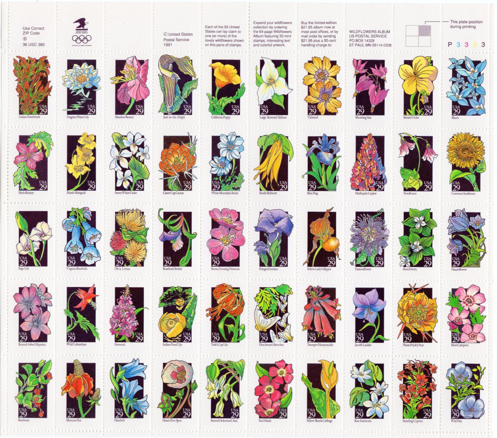 Scott #2696a (2642-2696) WildFlowers (Virginia Bluebells) Sheet Of 50 Stamps