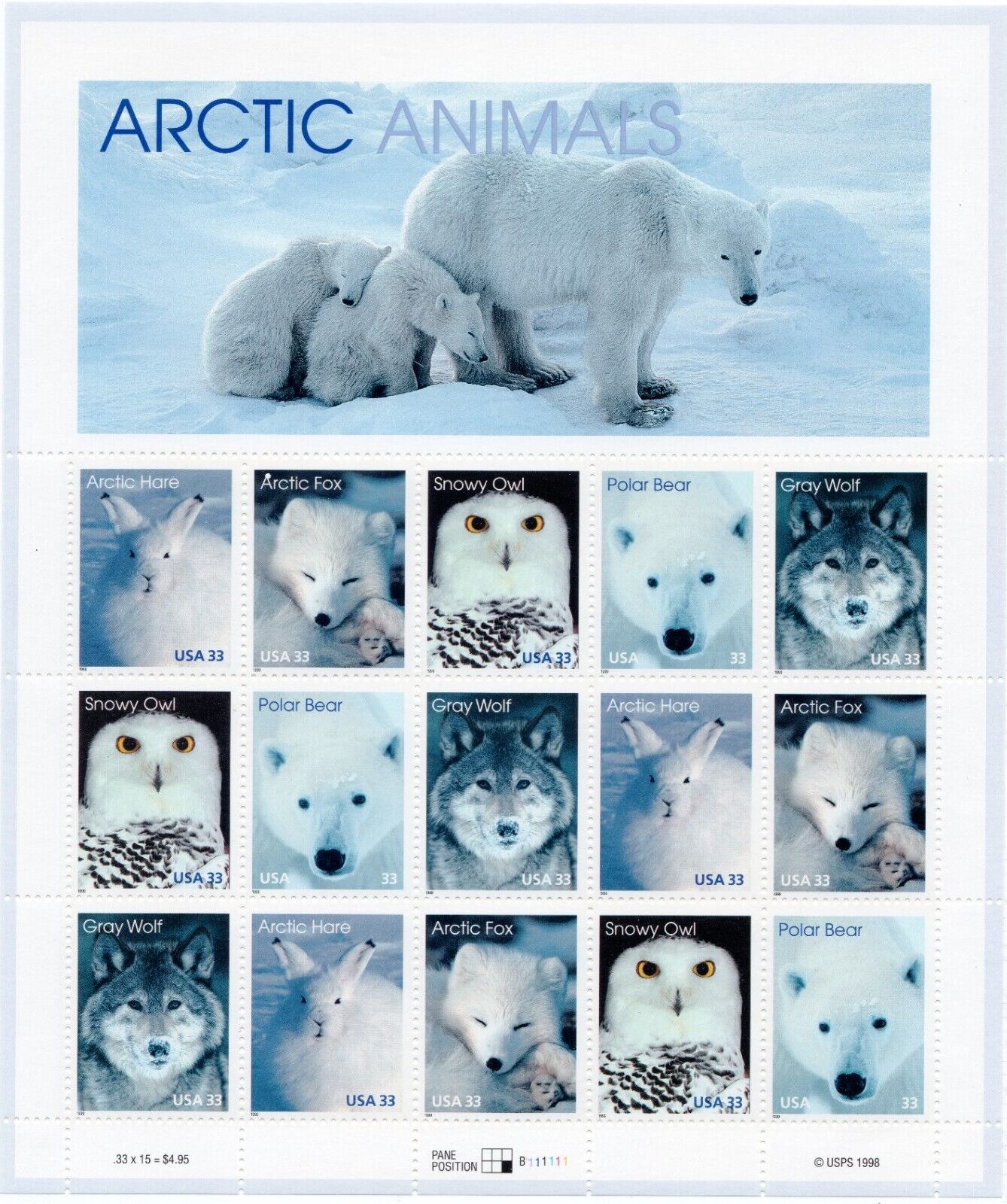 Scott #3292a (3288-3292) Arctic Animals Full Sheet of 15 Stamps - MNH