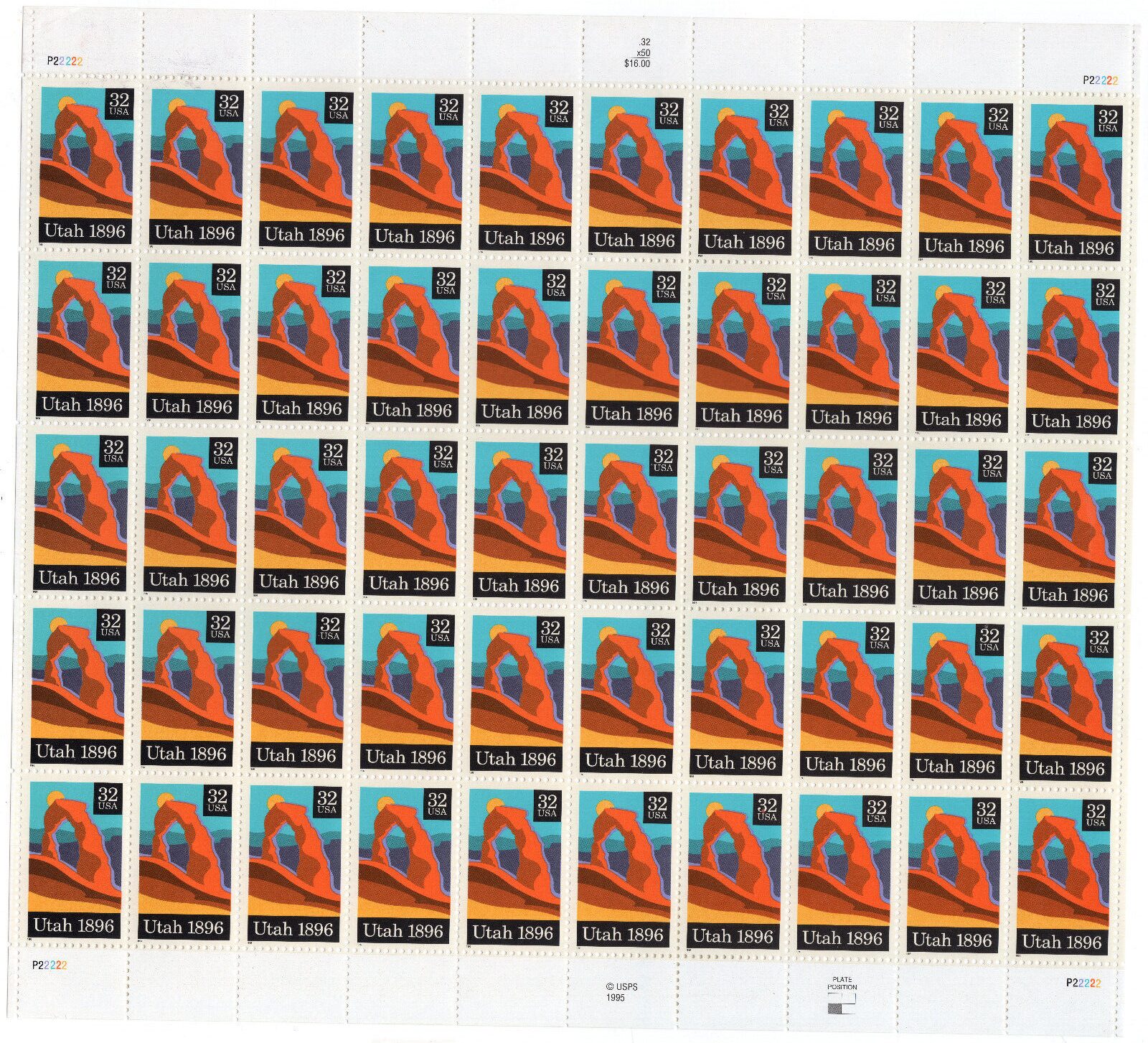 Scott #3024 Utah Full Sheet of 50 Stamps - MNH