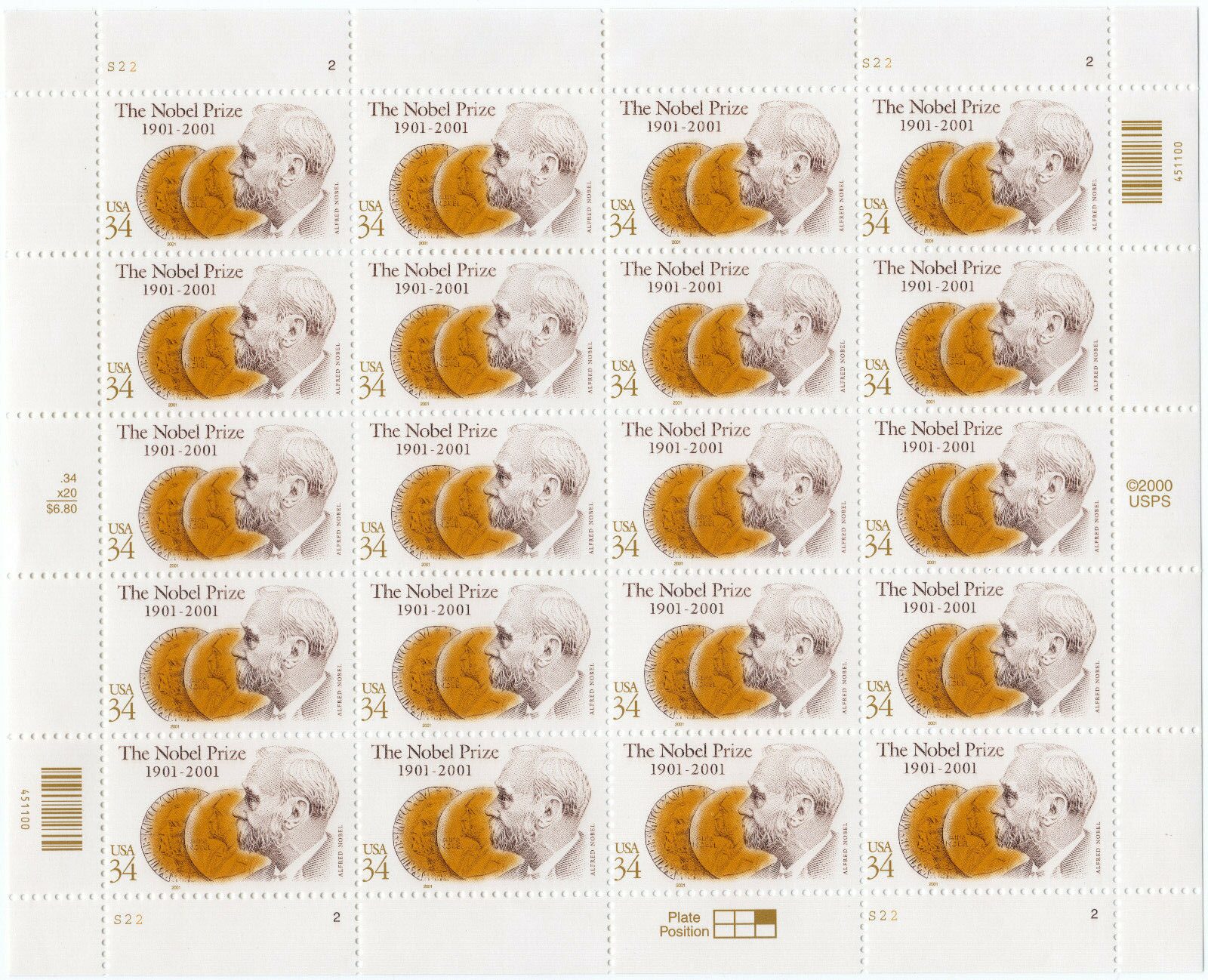 Scott #3504 NOBEL PRIZE (Alfred Nobel, Chemistry) Sheet of 20 34¢ Stamps - MNH