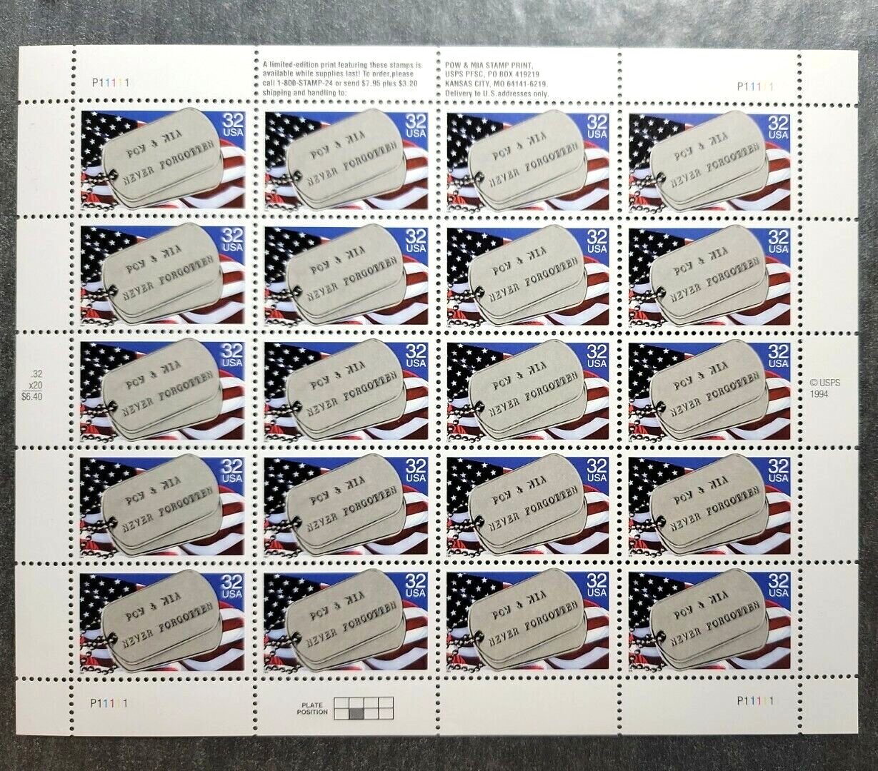 Scott #2966 POW MIA (Veterans) Full Sheet of 20 Stamps - MNH