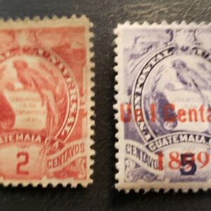 Stamp Guatamala "National Emblem" A13 #44 yellow brn ('87) & A15 #97 surcharge