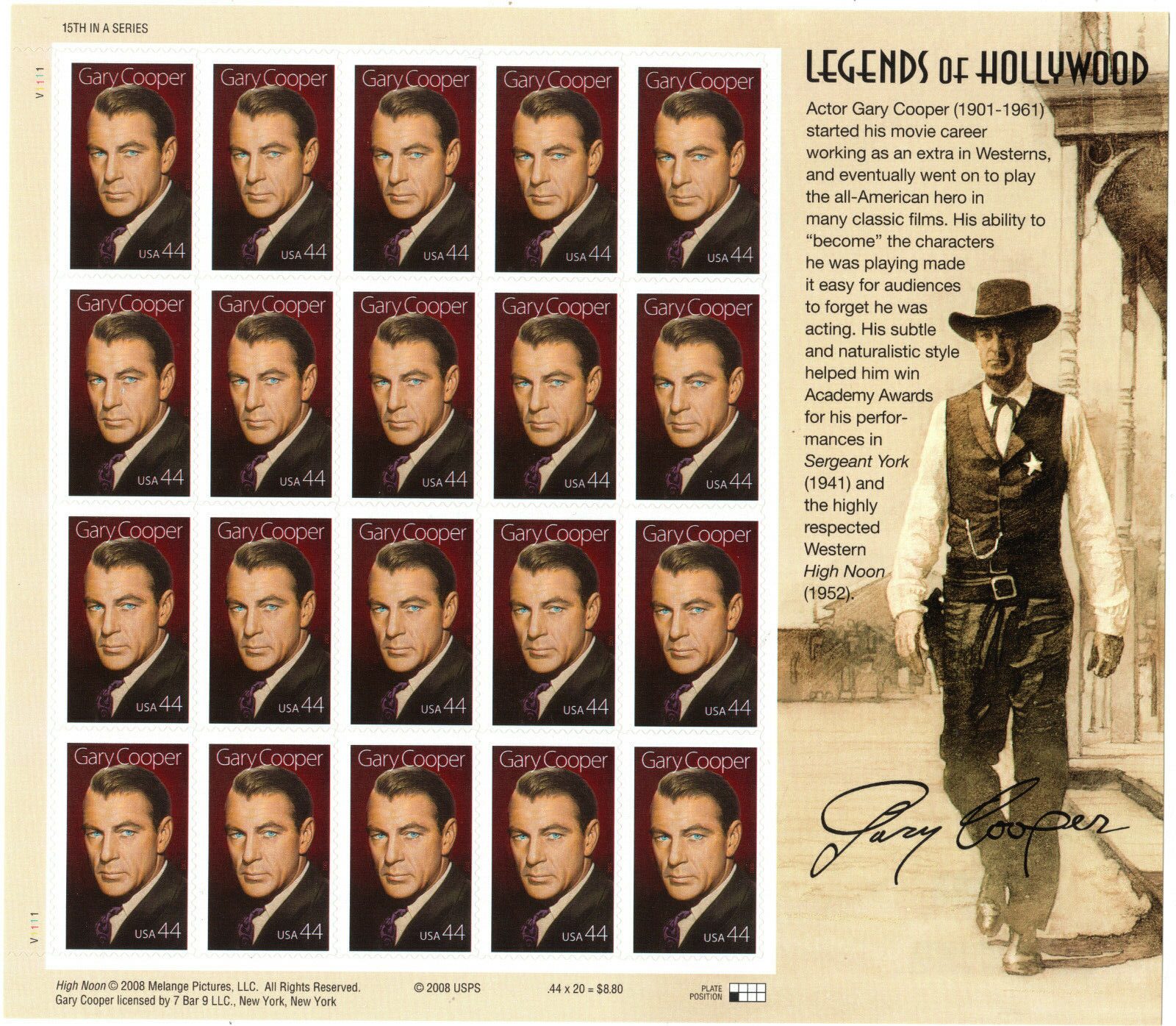 Scott #4421 Gary Cooper (Legends of Hollywood) Sheet OF 20 Stamps - MNH