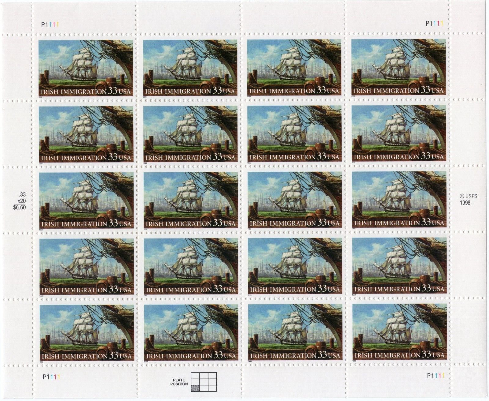 SCOTT #3286 IRISH IMMIGRATION Sheet of 20 Stamps - MNH
