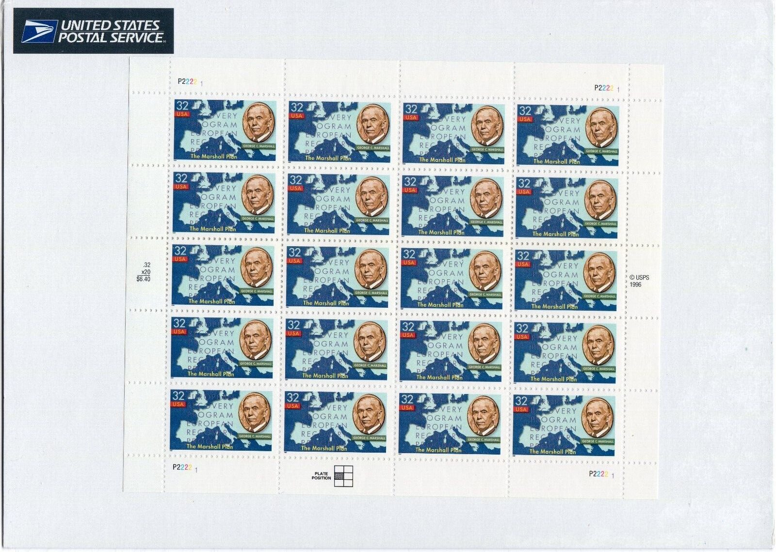 Scott #3141 The Marshall Plan Full Sheet of 20 Stamps - MNH White