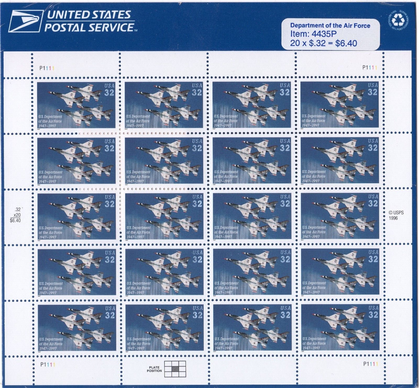 Scott #3167 Air Force 50th Anniversary Full Sheet of 20 Stamps - Sealed Blue
