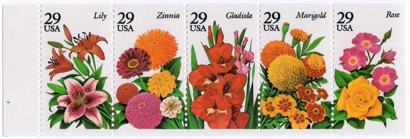 Scott #2833a - Garden Flowers Booklet Pane of 5 Stamps with Tab & Plate # - MNH