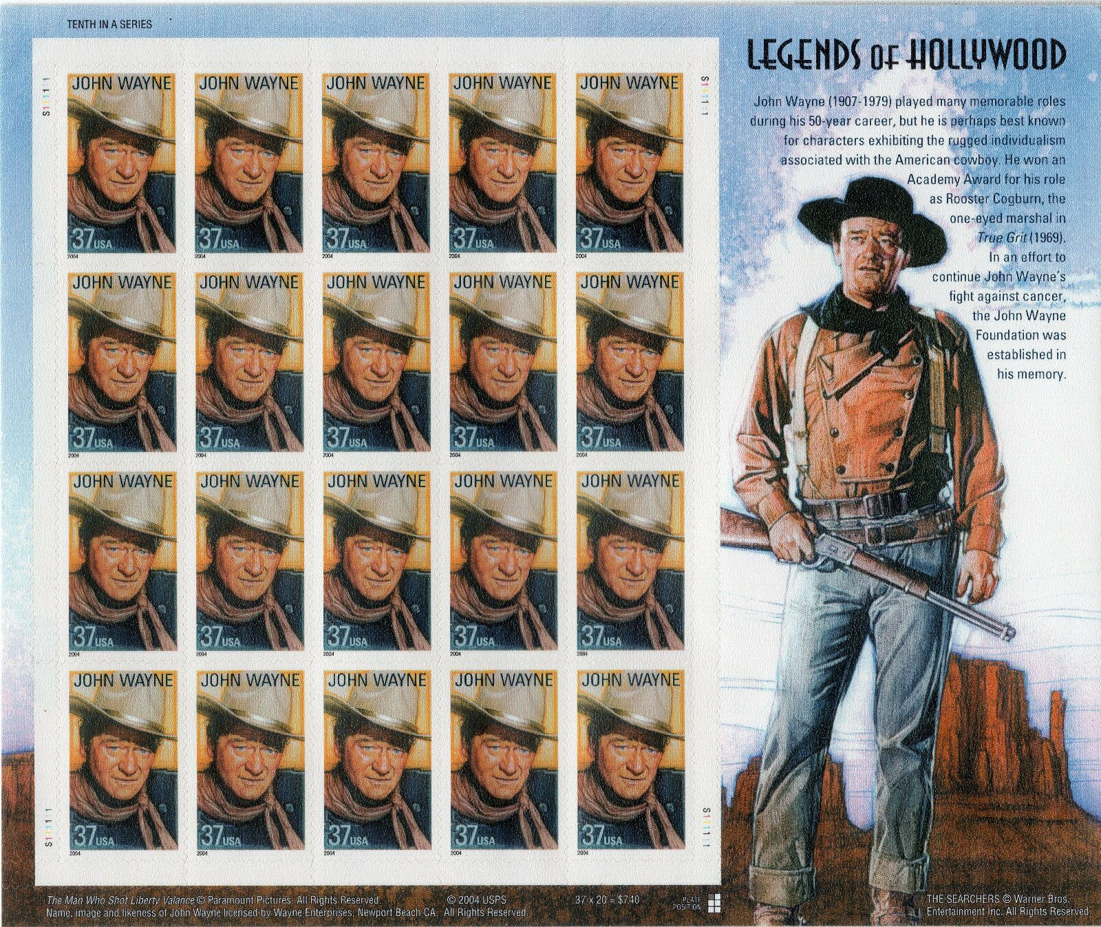 Scott #3876 37¢ Legends of Hollywood - John Wayne Sheet of 20 Stamps