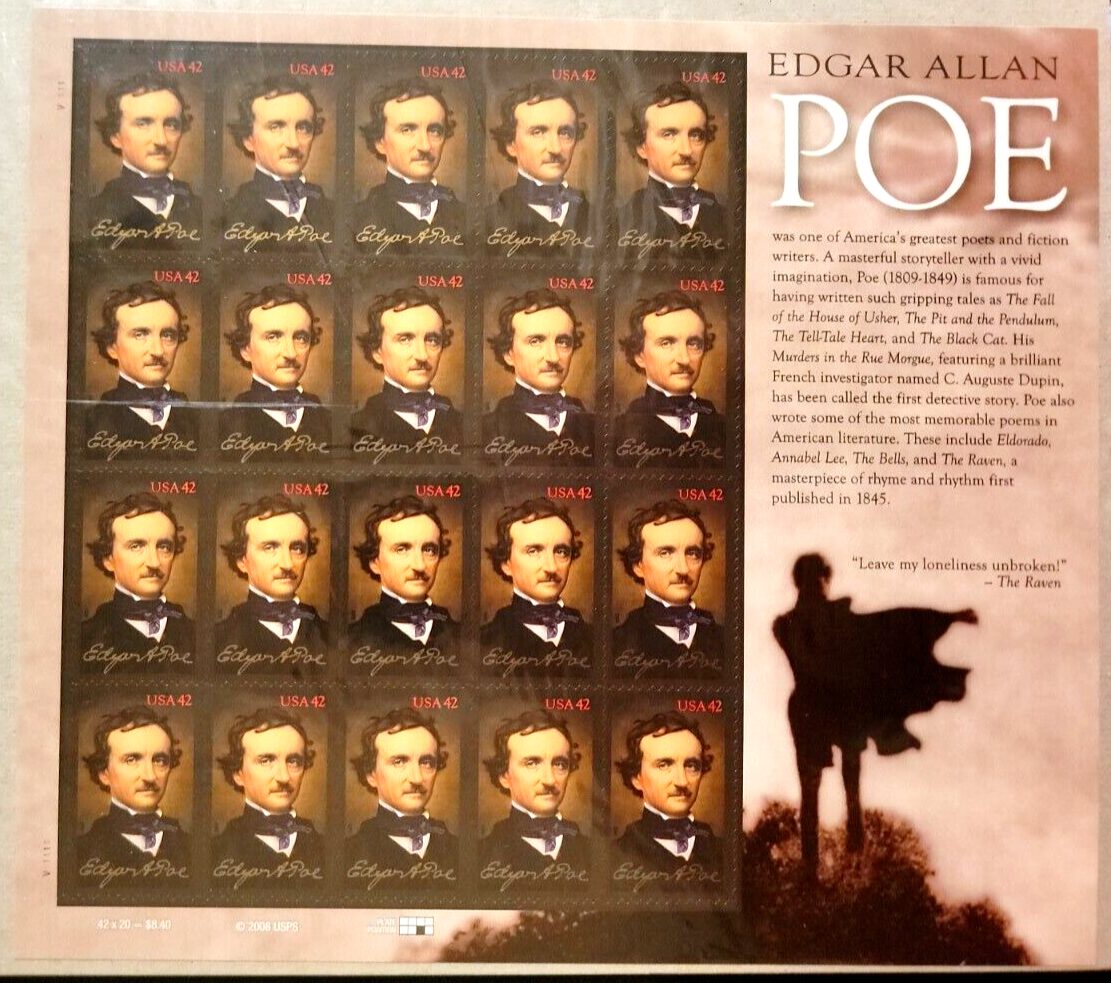 Scott #4377 Edgar Allen Poe (Raven) Dark Sheet of 20 Stamps - MNH