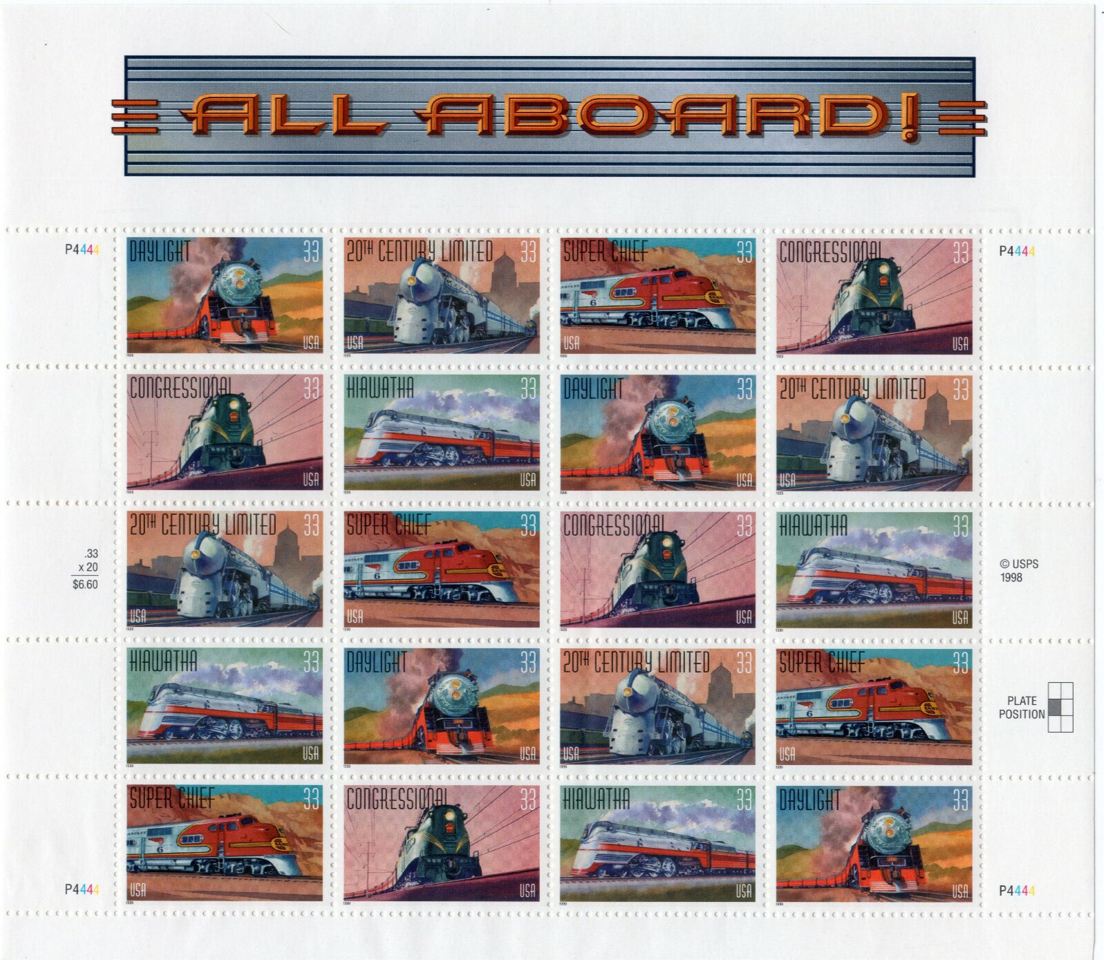 Scott #3337a (3333-3337) All Aboard! Trains Sheet of 20 Stamps - MNH P#4444