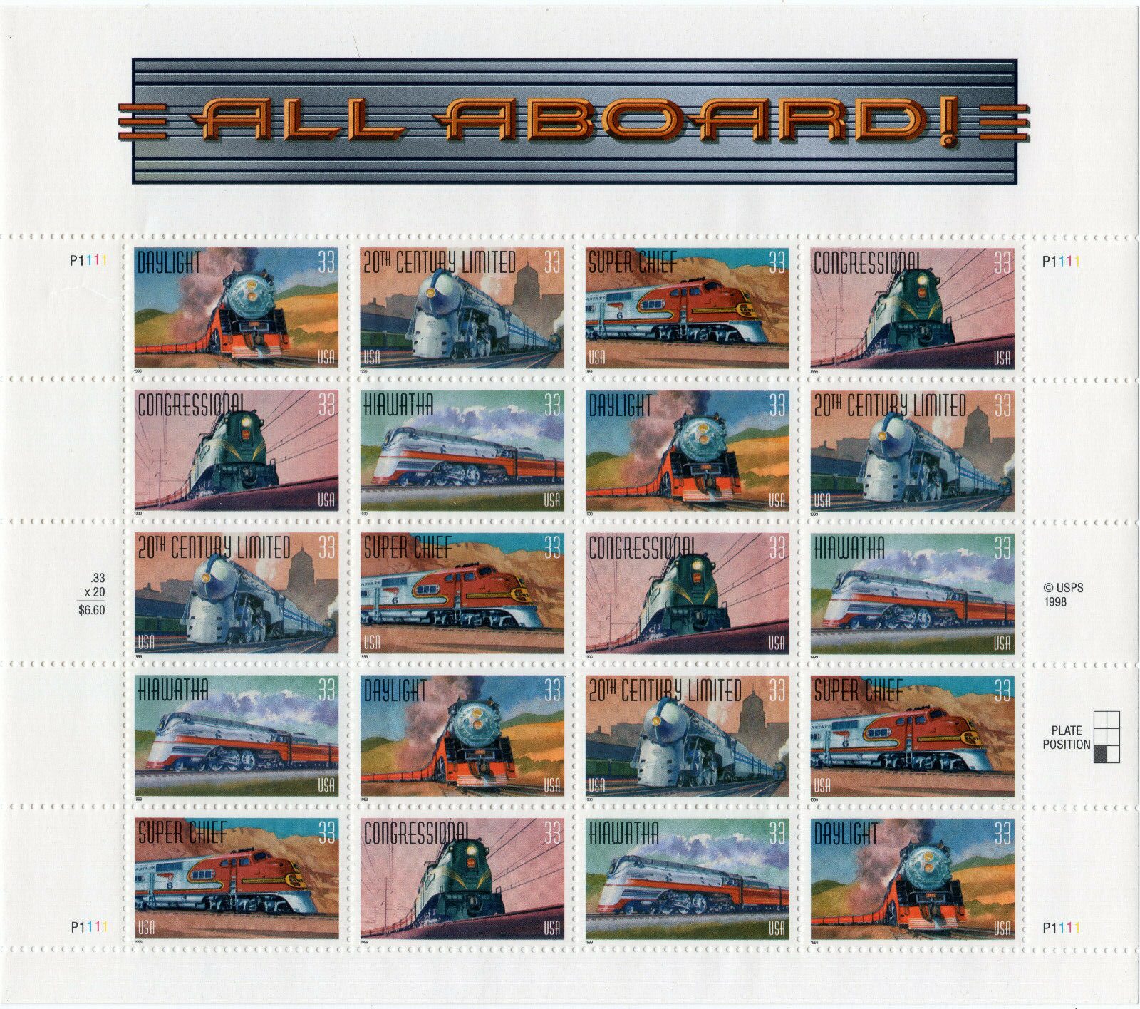 Scott #3337a (3333-3337) All Aboard! Trains Sheet of 20 Stamps - MNH P#1111
