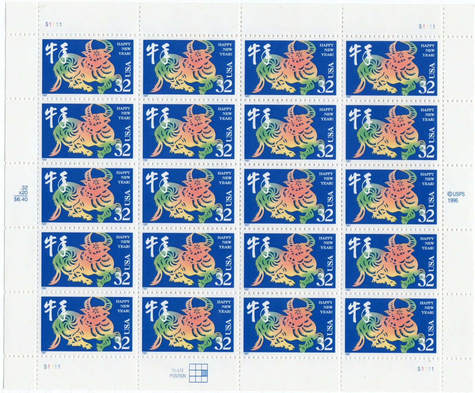 Scott #3120 Chinese New Year (Lunar, Ox) Full Sheet of 20 Stamps - MNH
