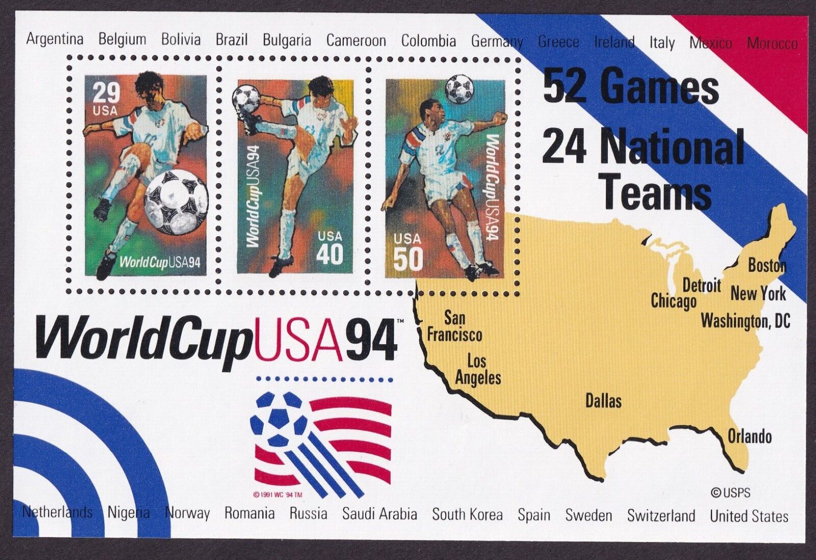 Scott #2837 World Cup Soccer Souvenir Sheet of 3 Stamps - MNH