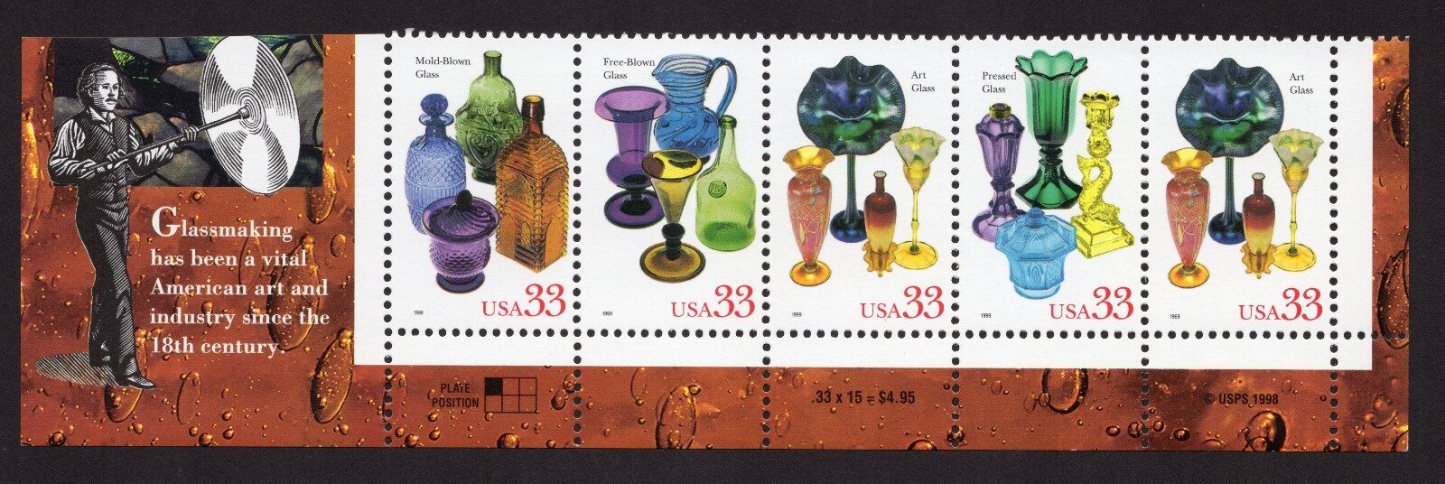 Scott #3328a (3325-28) American Glass Bottom Strip of 5 Stamps - MNH Bottom