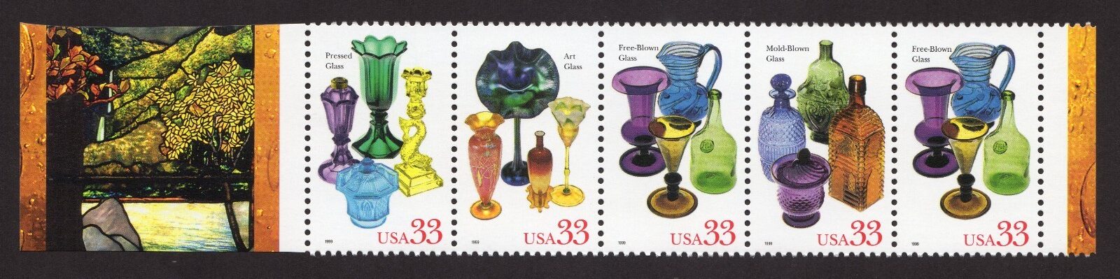 Scott #3328a (3325-28) American Glass Center Strip of 5 Stamps - MNH Left