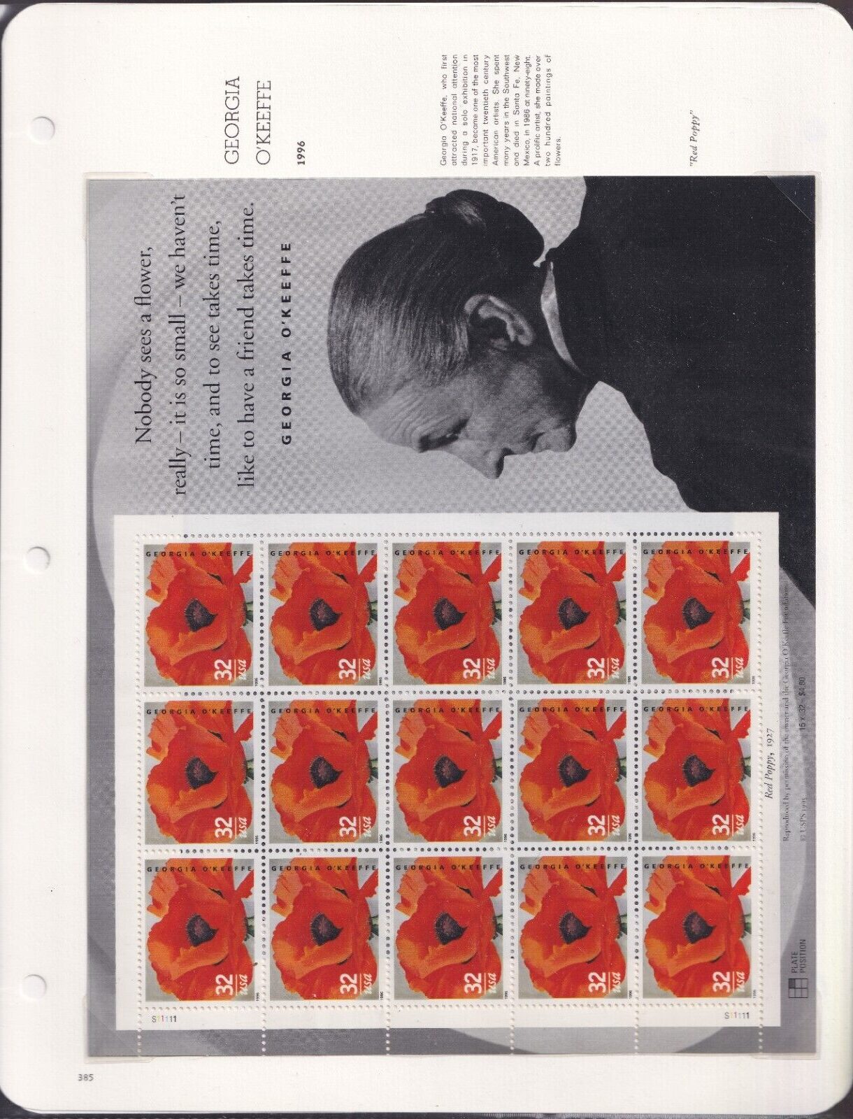 Scott #3064a-3065-3067-3069-3070-3081 Georgia O'Keefe 3 White Ace Pages - Sheet