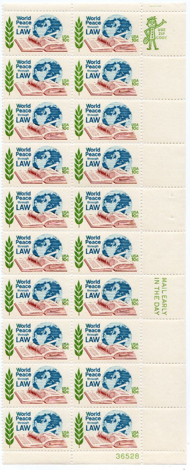 Scott #1576 World Peace through Law Plate Block (Strip) of 20 Stamps - MNH