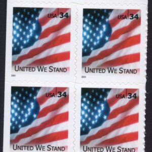 Scott #3549 United We Stand Flag Booklet Pane of 4 Stamps - MNH P#B3333