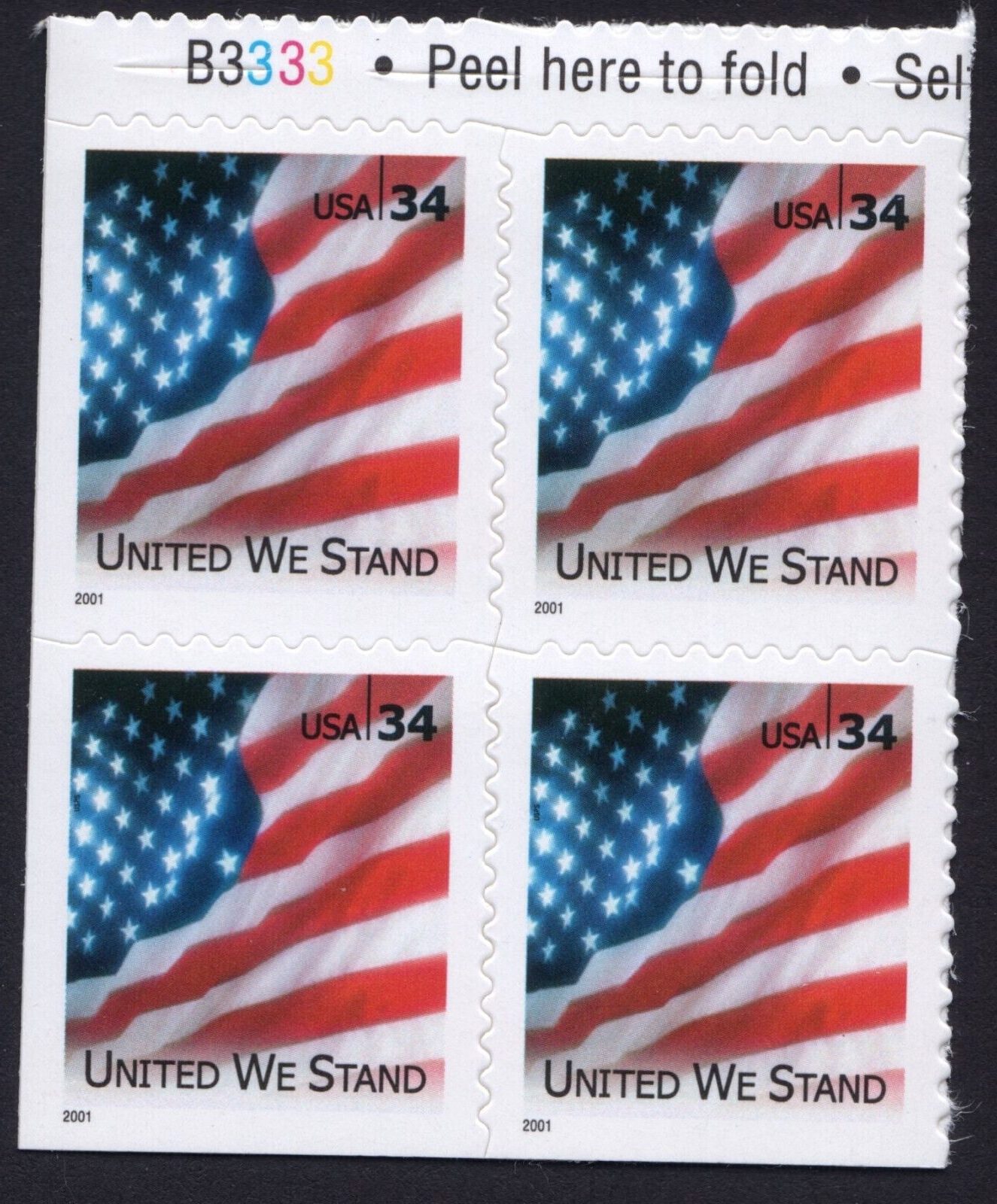 Scott #3549 United We Stand Flag Booklet Pane of 4 Stamps - MNH P#B3333