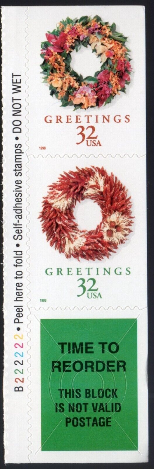 Scott #3252 (3249-52) Christmas Wreaths Plate Block w/Reorder - 2 Stamps - MNH