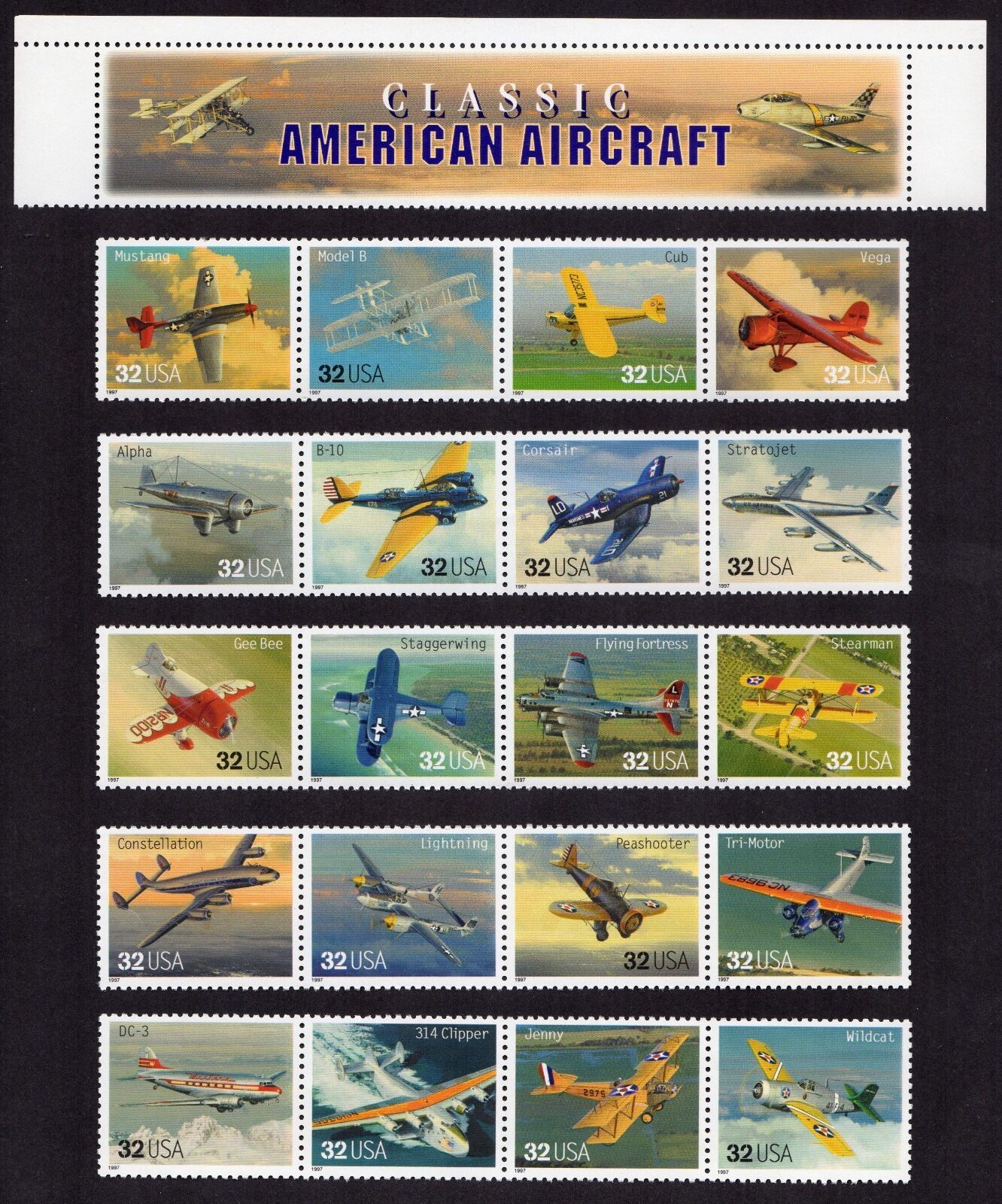 Scott #3142 Classic American Aircraft Sheet as 5 Strips of 4 Stamps - MNH