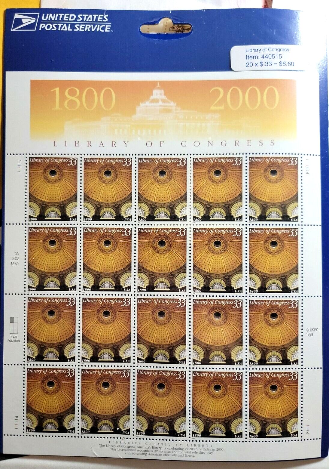 Scott #3390 Library of Congress Sheet of 20 Stamps - Sealed