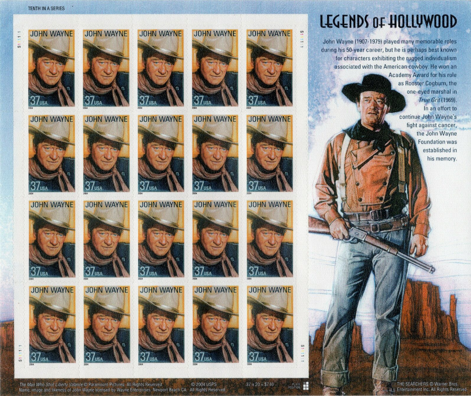 Scott #3876 37¢ Legends of Hollywood - John Wayne Sheet of 20 Stamps - MNH