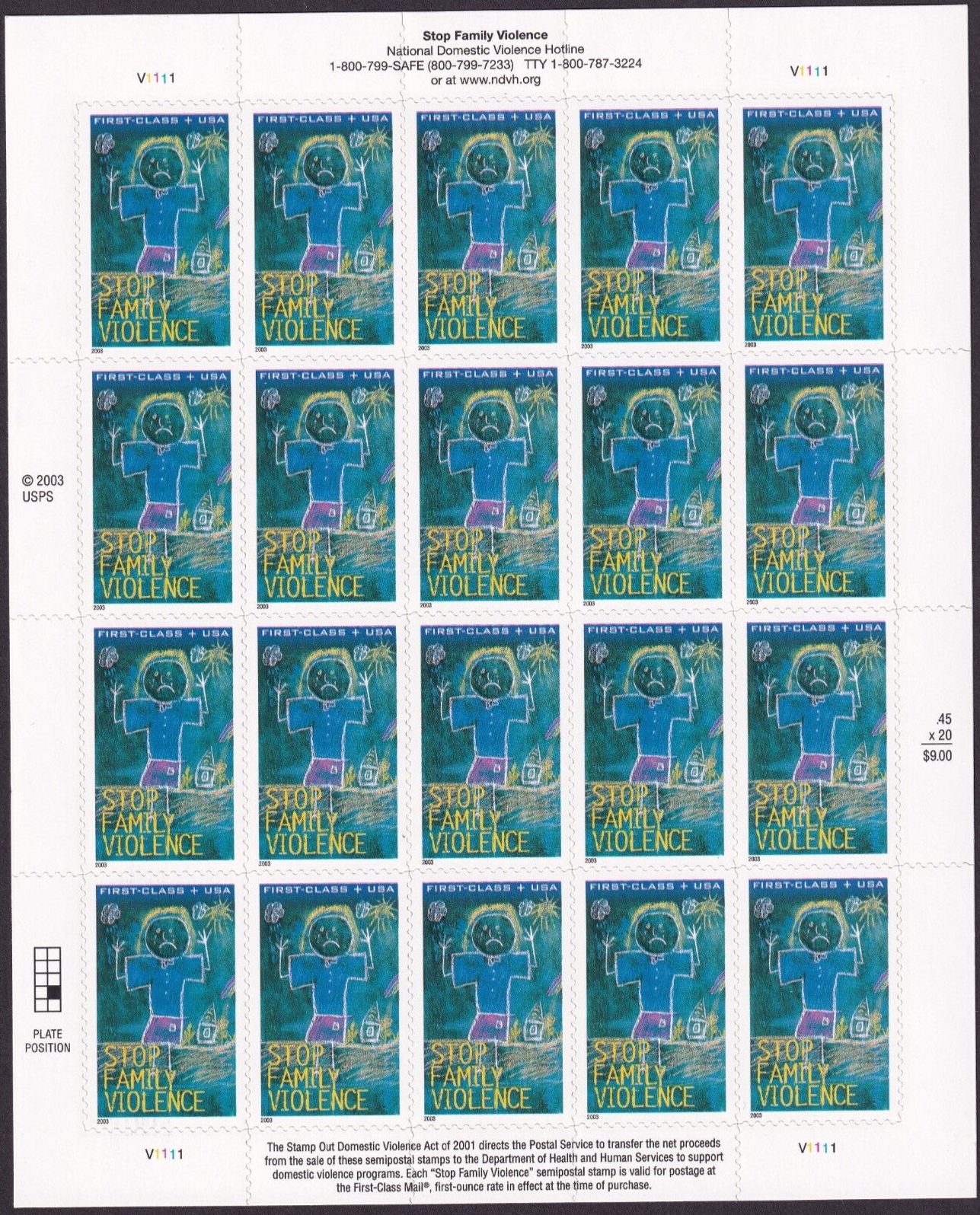Scott #B3 Stop Family Violence Semi-Postal Full Sheet of 20 Stamps - MNH