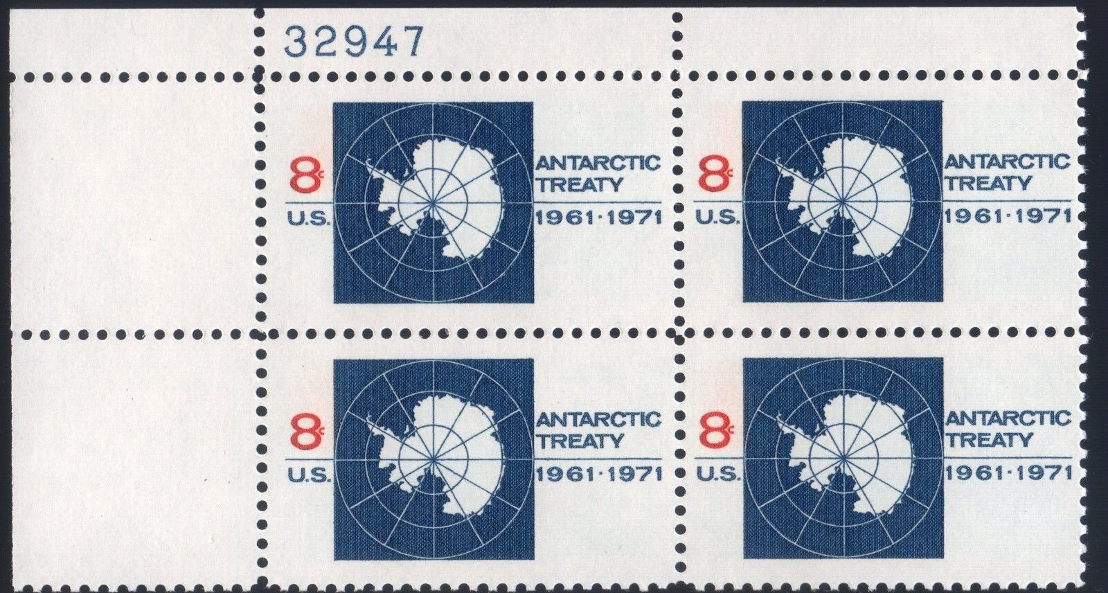 Scott #1431 Antarctic Treaty Plate Block of 4 Stamps - MNH P#32947 UL