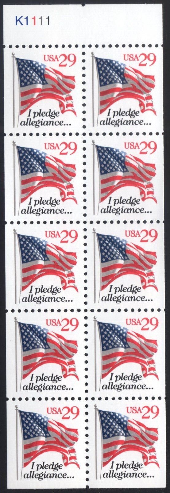 Scott #2594a Pledge Allegiance Stamp Booklet Pane of 10 Stamps - MNH LGG