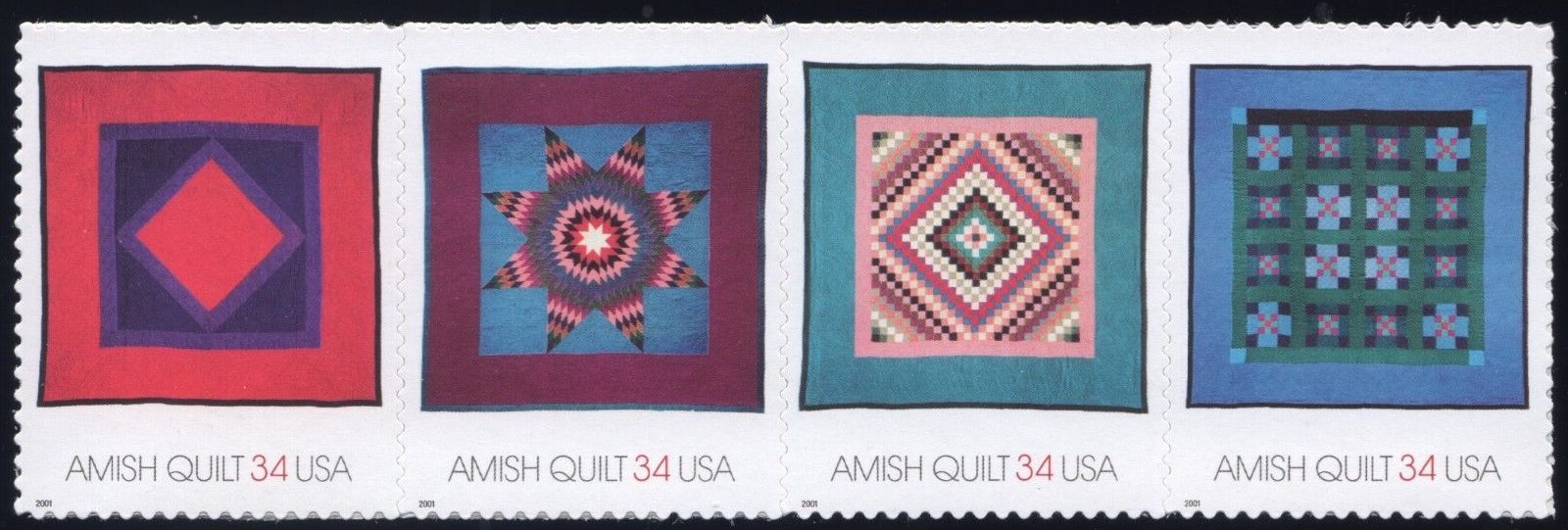 Scott #3527a (3524-3527) Amish Quilts Strip of 4 Stamps - MNH Red 1st