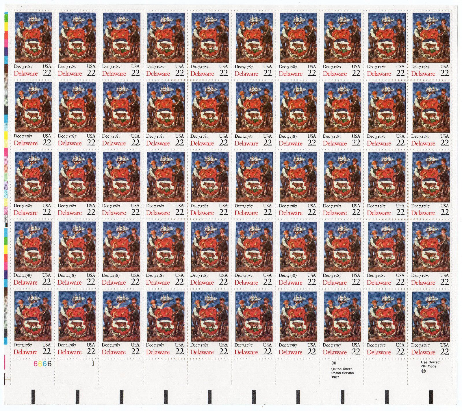 Scott #2336 Delaware 22¢ Sheet of 50 Stamps - MNH P#6666-1 Pristine