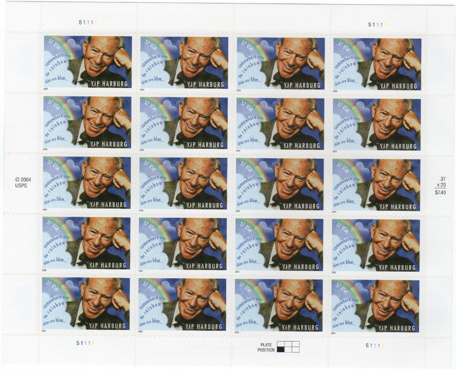 Scottt #3905 Yip Harburg "Over the Rainbow" Sheet of 20 Stamps - MNH