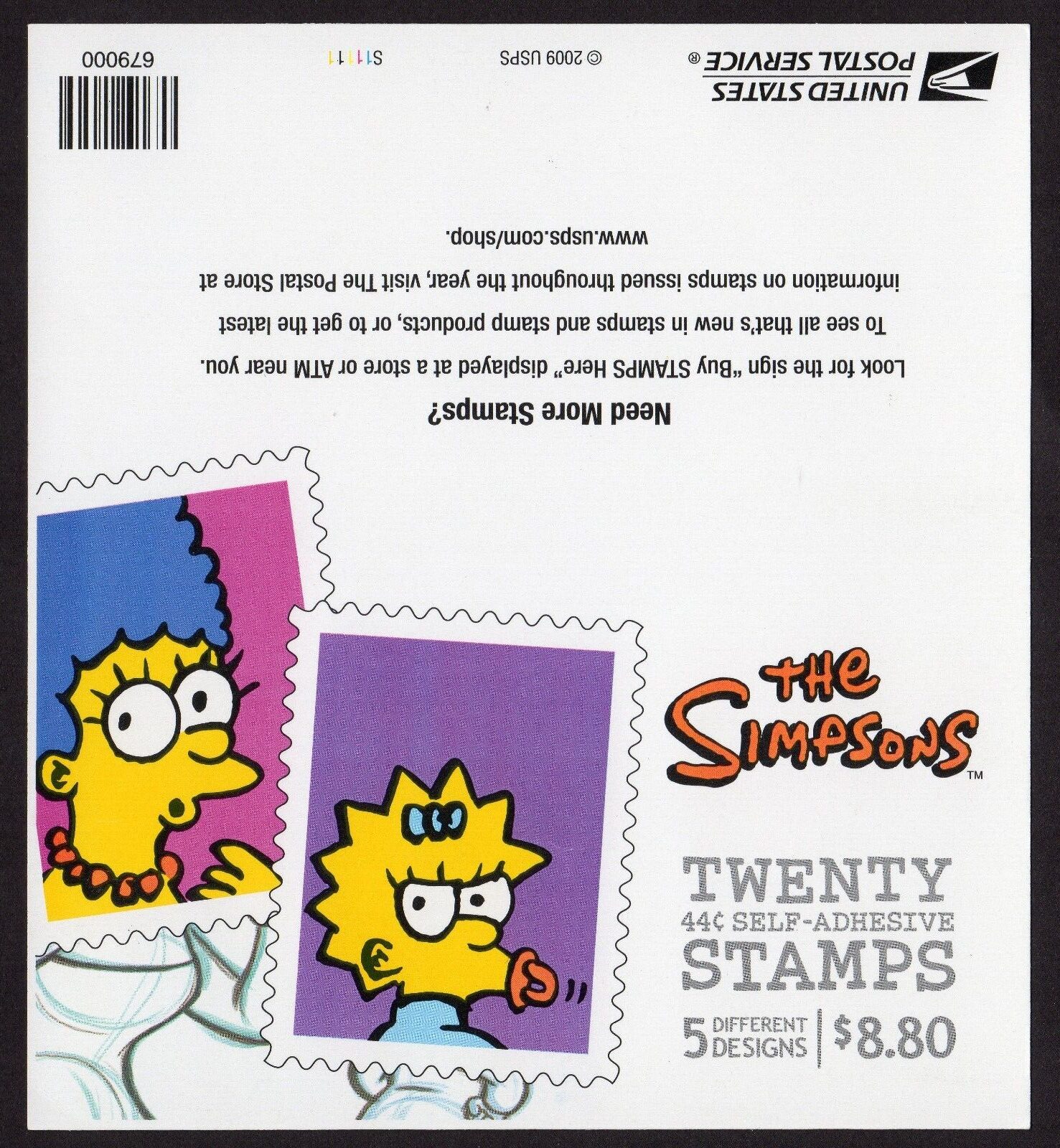 Scott #4403b 44¢ Simpsons Booklet of 20 Stamps - MNH Marge & Baby on Back
