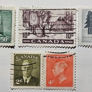 Stamp Canada 1950-52 Oil, Fur, Paper, King George VI #285, 287, 294, 301, 316
